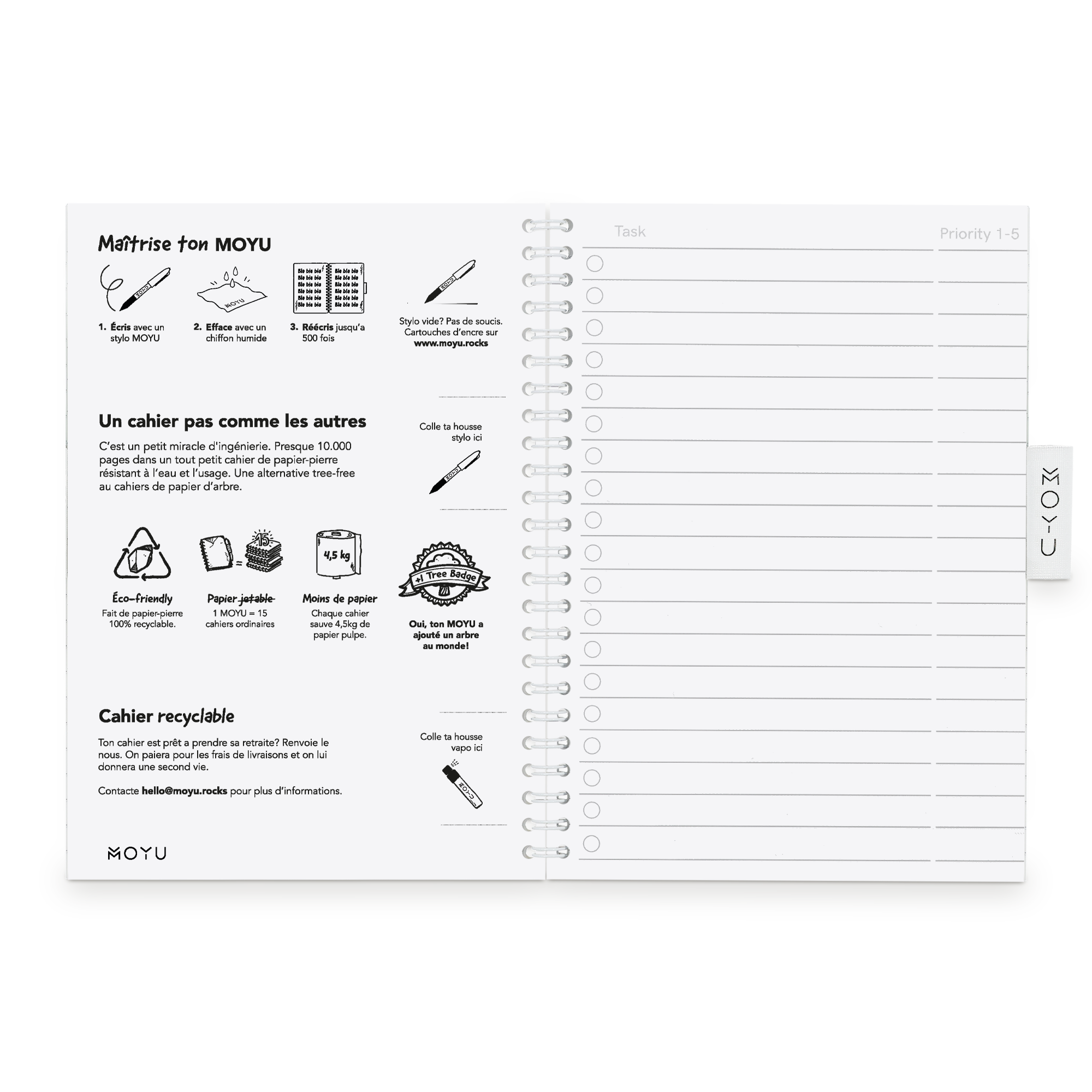 Carnet effaçable personnalisé MOYU avec texte sur la couverture pour améliorer la prise de notes