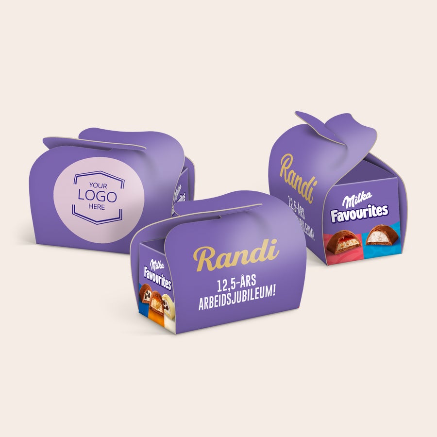 Milka Favourites multipakk-gaver – personlige Personlig Milka-gaveeske med Randi, 12,5-års arbeidsjubileum, og en firmalogo, skreddersydd for dem.