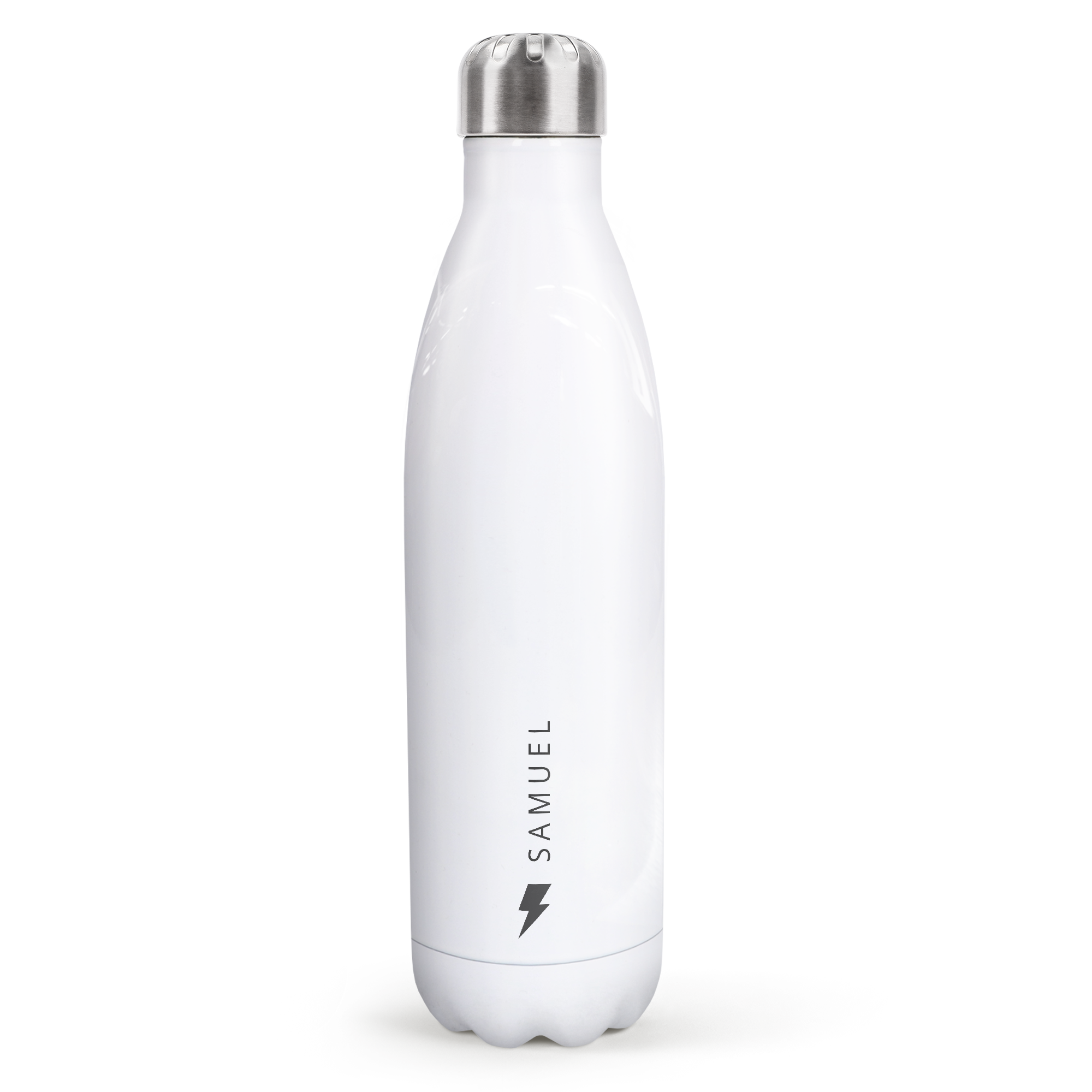Weiße isolierte Wasserflasche mit personalisiertem Namen Samuel und Blitz Symbol in Schwarz, im Vollfarbdruck.