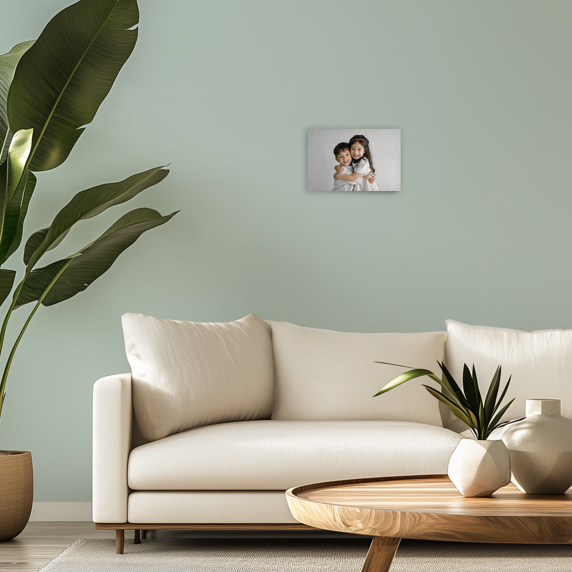 Tableau en bois personnalisé avec photo de deux enfants souriants imprimée sur le panneau