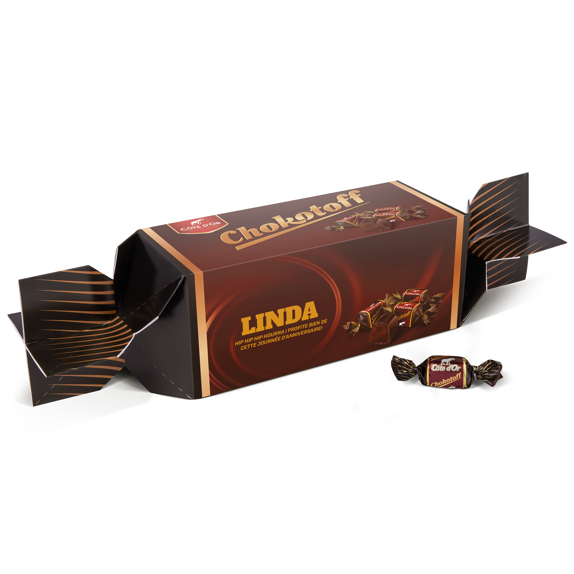Méga Chokotoff personnalisé avec le nom Linda et un message d'anniversaire imprimé sur l'emballage en chocolat.