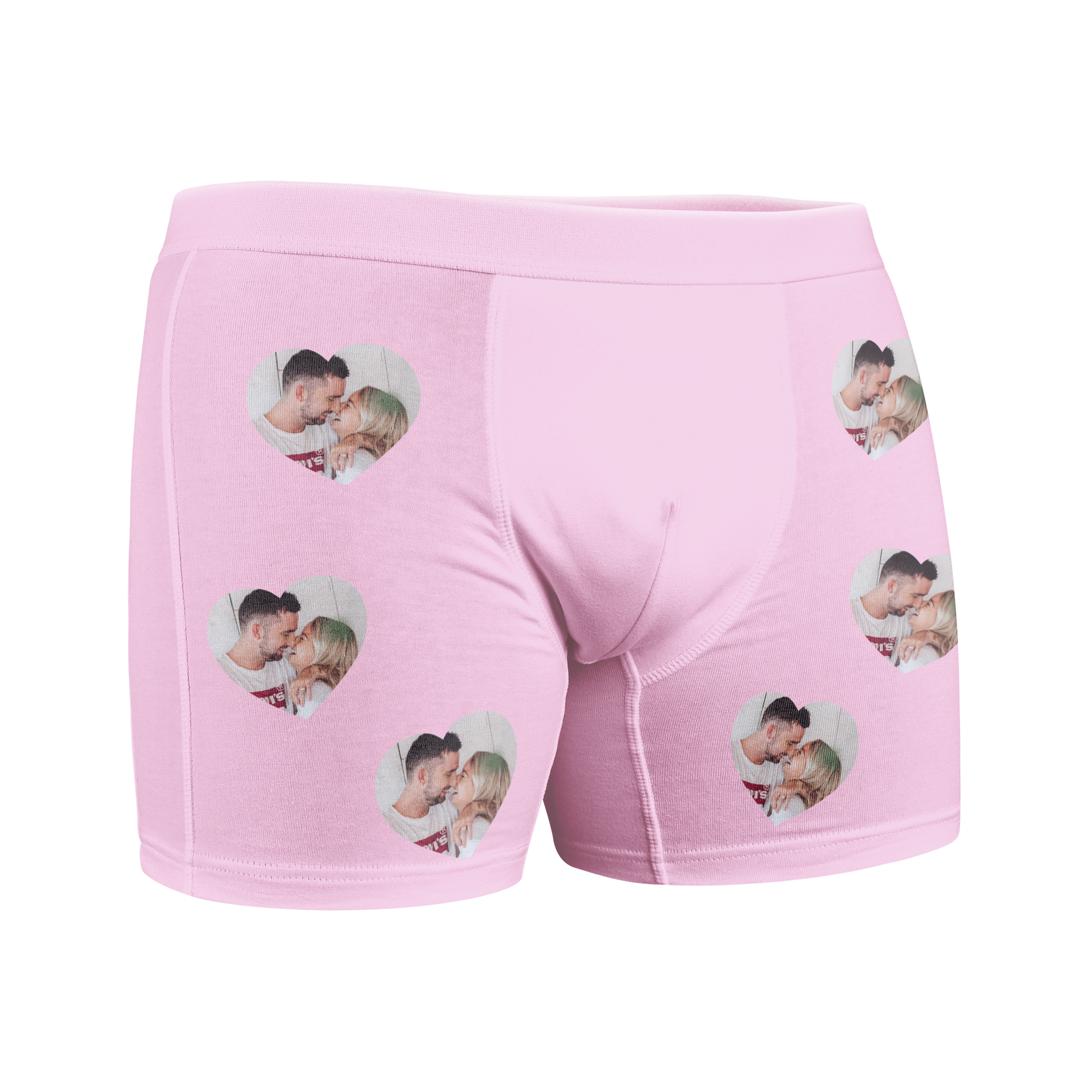 Lyserøde boxershorts med dit eget foto gentaget i hjertedesign. Overrask med unikke boxershorts med foto.