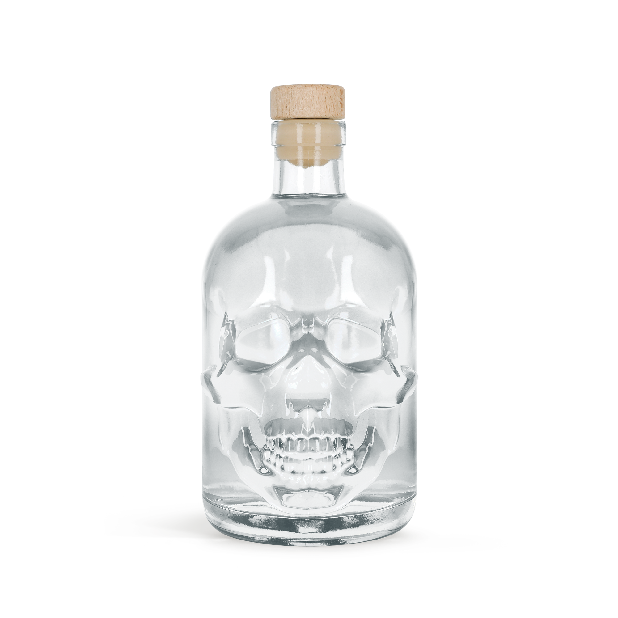 Vodka caveira personalizada em garrafa de vidro escuro com uma tampa de madeira, gravada com um design exclusivo