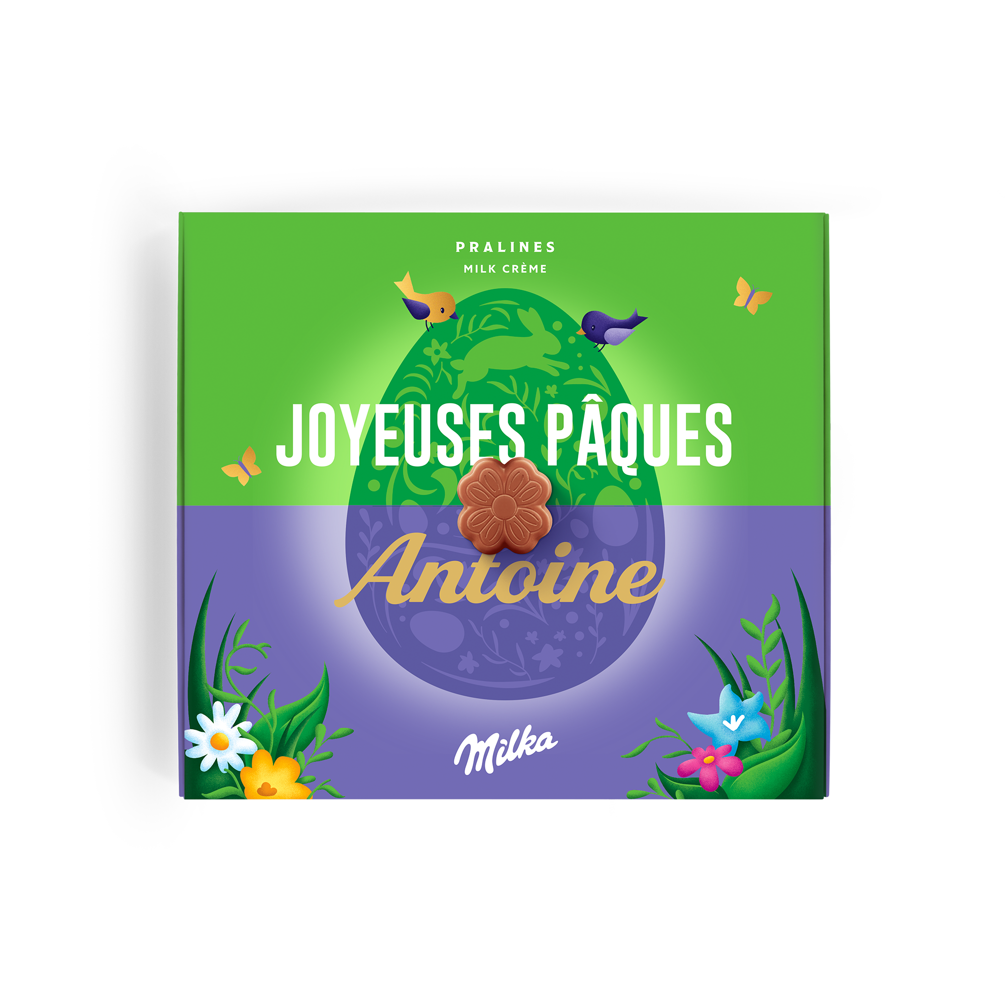 Coffret cadeau personnalisé Milka imprimé Joyeuses Pâques avec le nom Antoine et décorations de Pâques