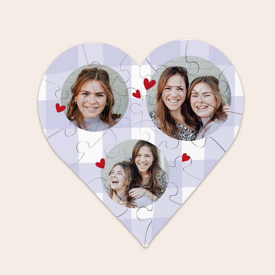 Puzzle Hardboard Heart Heart-shaped puzzle printed with three different photos of women smiling and red heart shapes