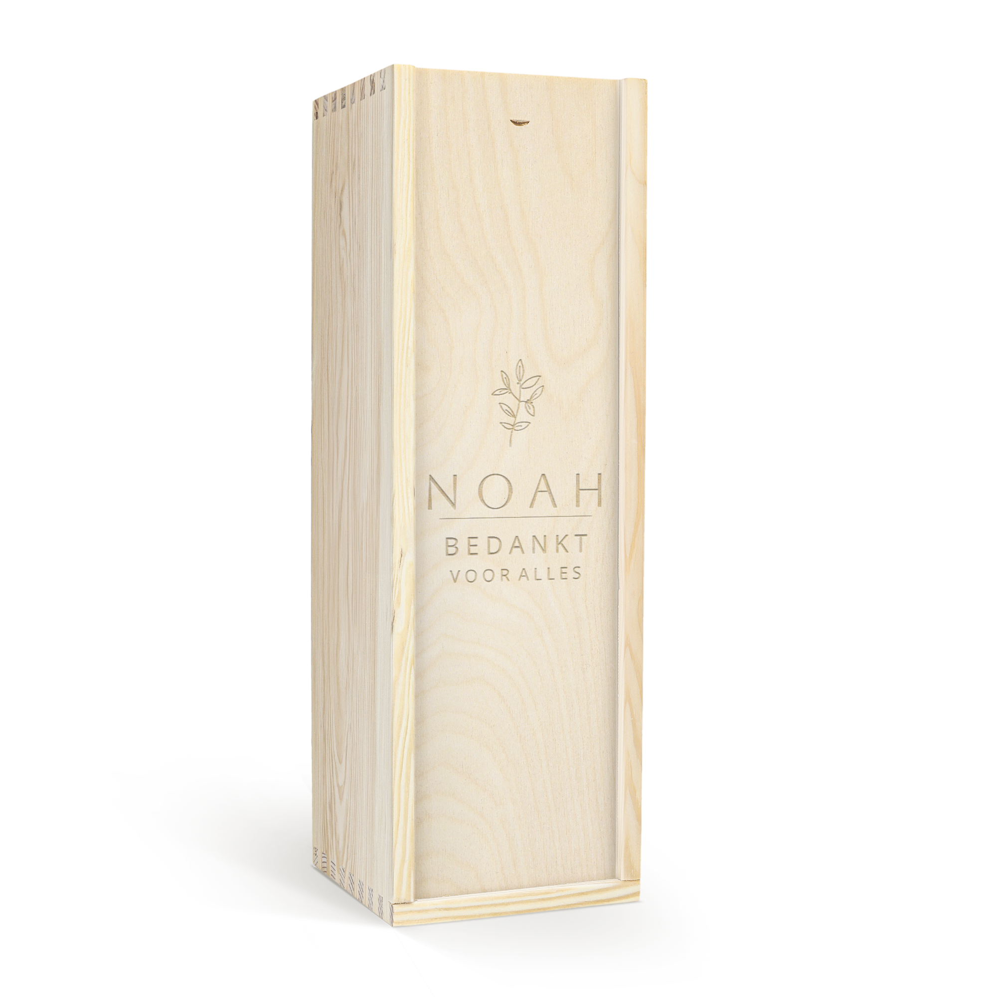 Houten gegraveerde kist met Disaronno Amaretto, gepersonaliseerd met de naam Noah en Bedankt voor alles.