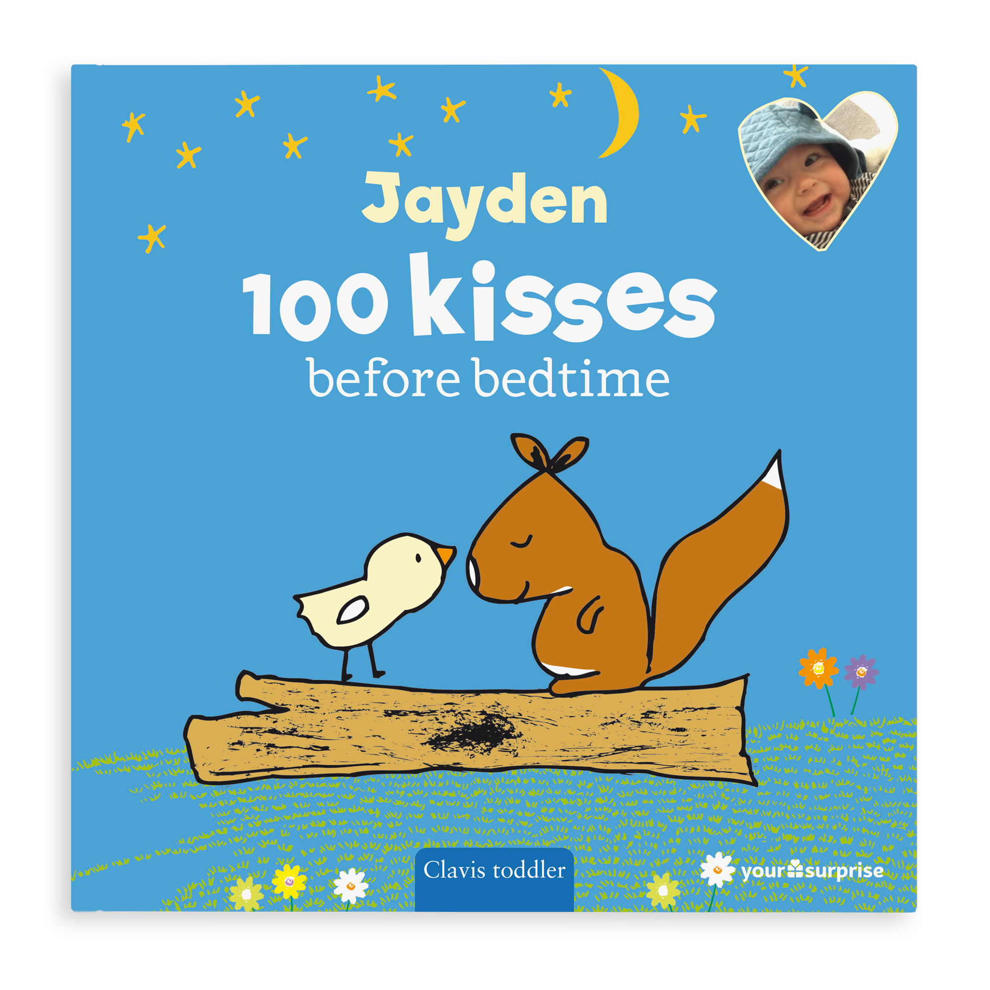 Personalized bedtime story book with the name Jayden, a photo, and the title 100 kisses before bedtime.