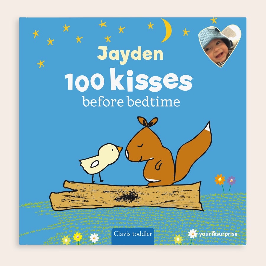 Personalised children's book - 100 kisses before bedtime Personalized children's book with the title 100 kisses before bedtime. Printed with the name Jayden and a photo of a baby in a heart shape. This makes a sweet personalized bedtime story.
