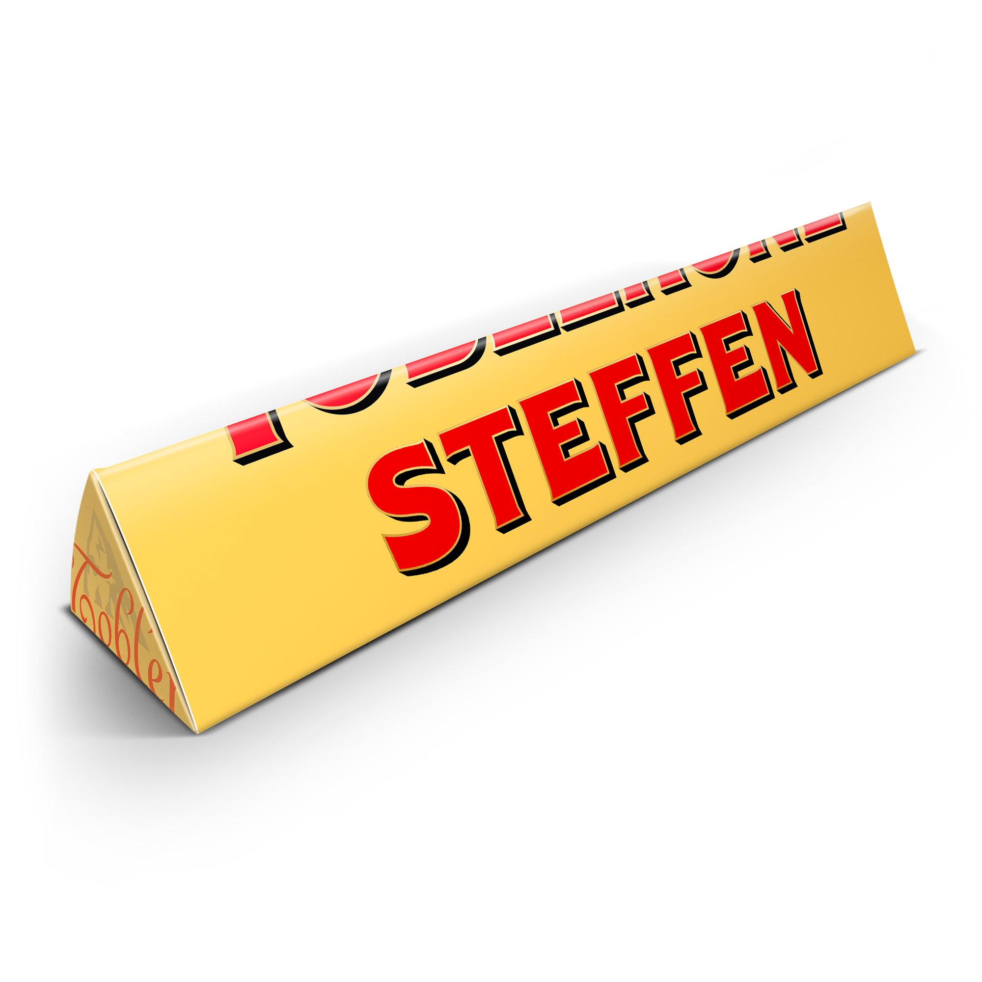 Personalisierte Toblerone Schokolade mit dem aufgedruckten Namen Steffen auf der gelben Verpackung.