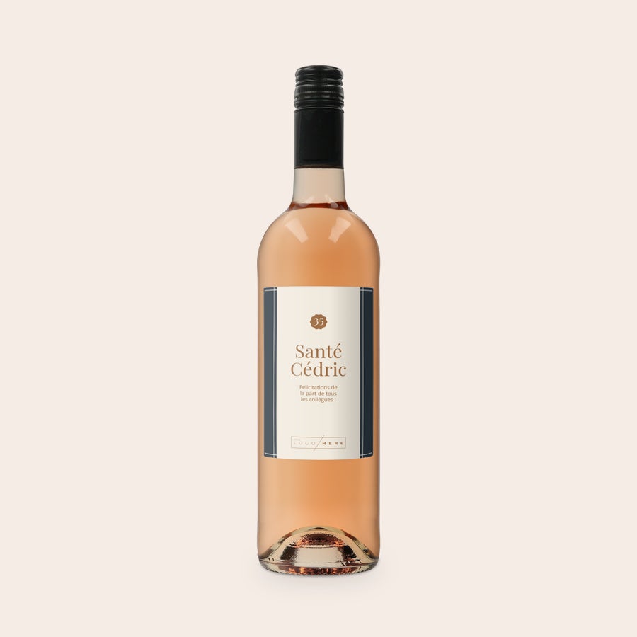 Vin Belvy Rosé personnalisé Bouteille de vin rosé Belvy avec étiquette personnalisée "Santé Cédric" imprimée, texte "Félicitations de la part de tous les collègues"