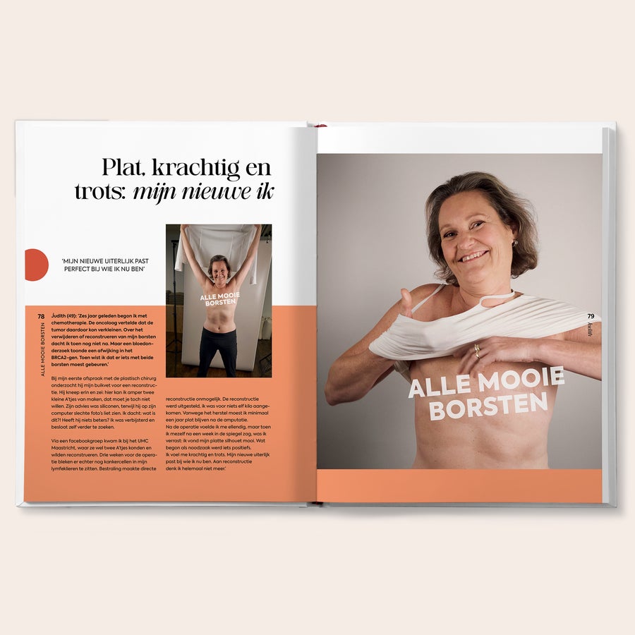 Glossy - Alle Mooie Borsten De glossy Alle Mooie Borsten open op pagina 78 en 79 met een vrouw die glimlacht en haar t-shirt omhooghoudt.