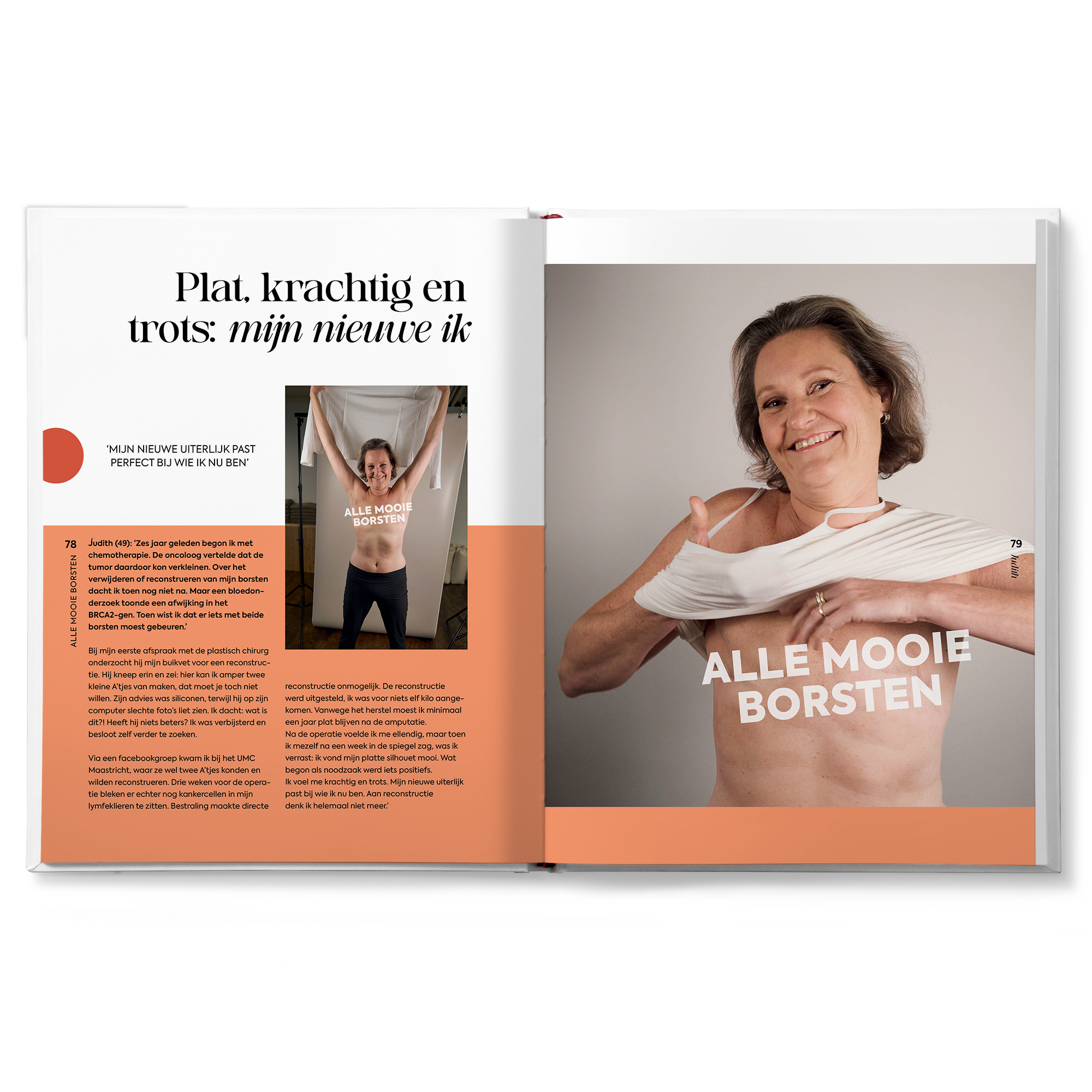 Een open hardcover glossy Alle Mooie Borsten met persoonlijke boodschap bedrukt op de rechterpagina.