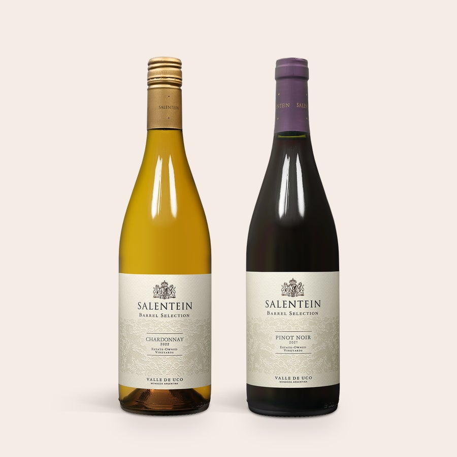 Wein Geschenkset in bedruckter Kiste - Salentein Primus Malbec & Chardonnay Zwei Weinflaschen, Chardonnay und Pinot Noir, für ein Wein Geschenkset in einer personalisierbaren Holzkiste.