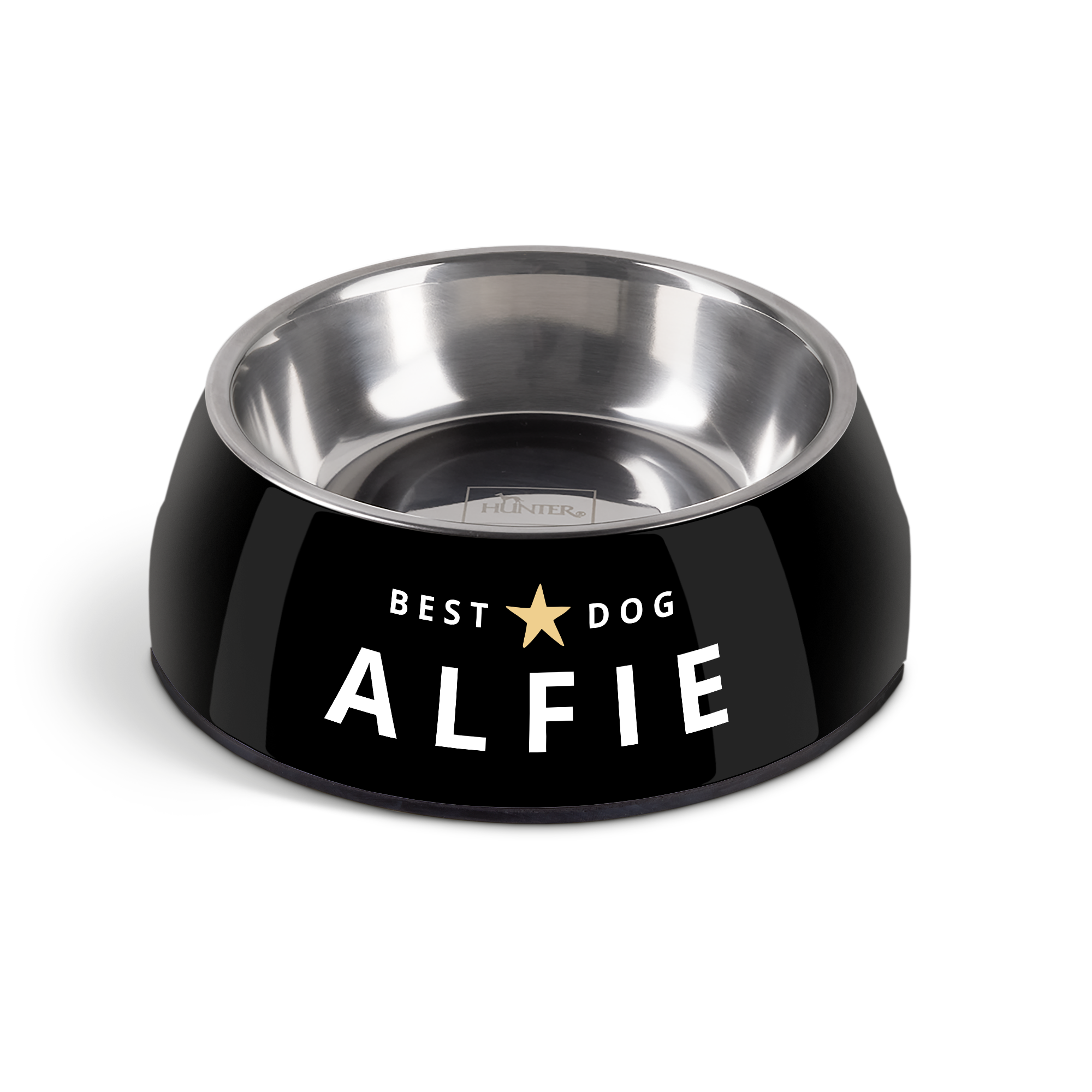 Sort madskål i melamin til hunde med navn Alfie printet på siden og teksten BEST DOG