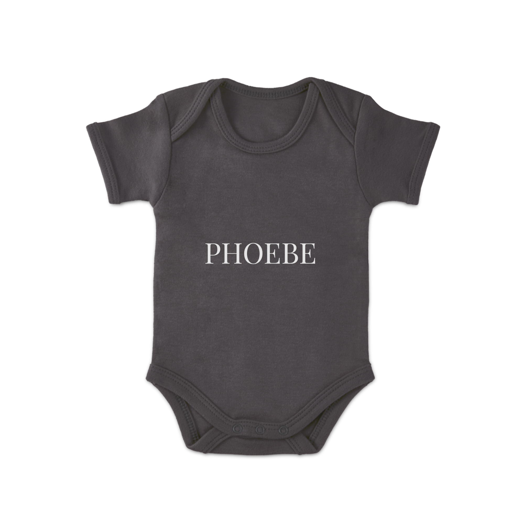 Body personalizzato per neonato grigio scuro con stampa nome Phoebe