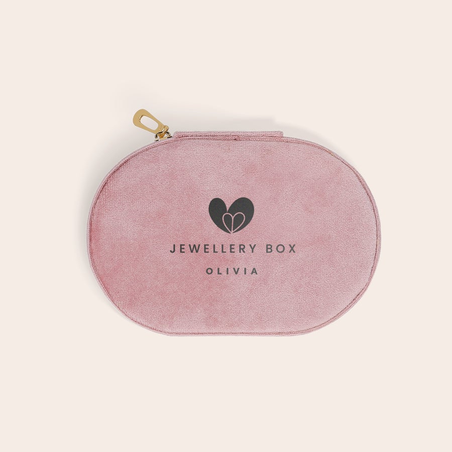 Boîte à bijoux personnalisée prénom Boîte à bijoux personnalisée prénom - Ovale - Rose avec fermeture éclair dorée et motif cœur, texte personnalisable