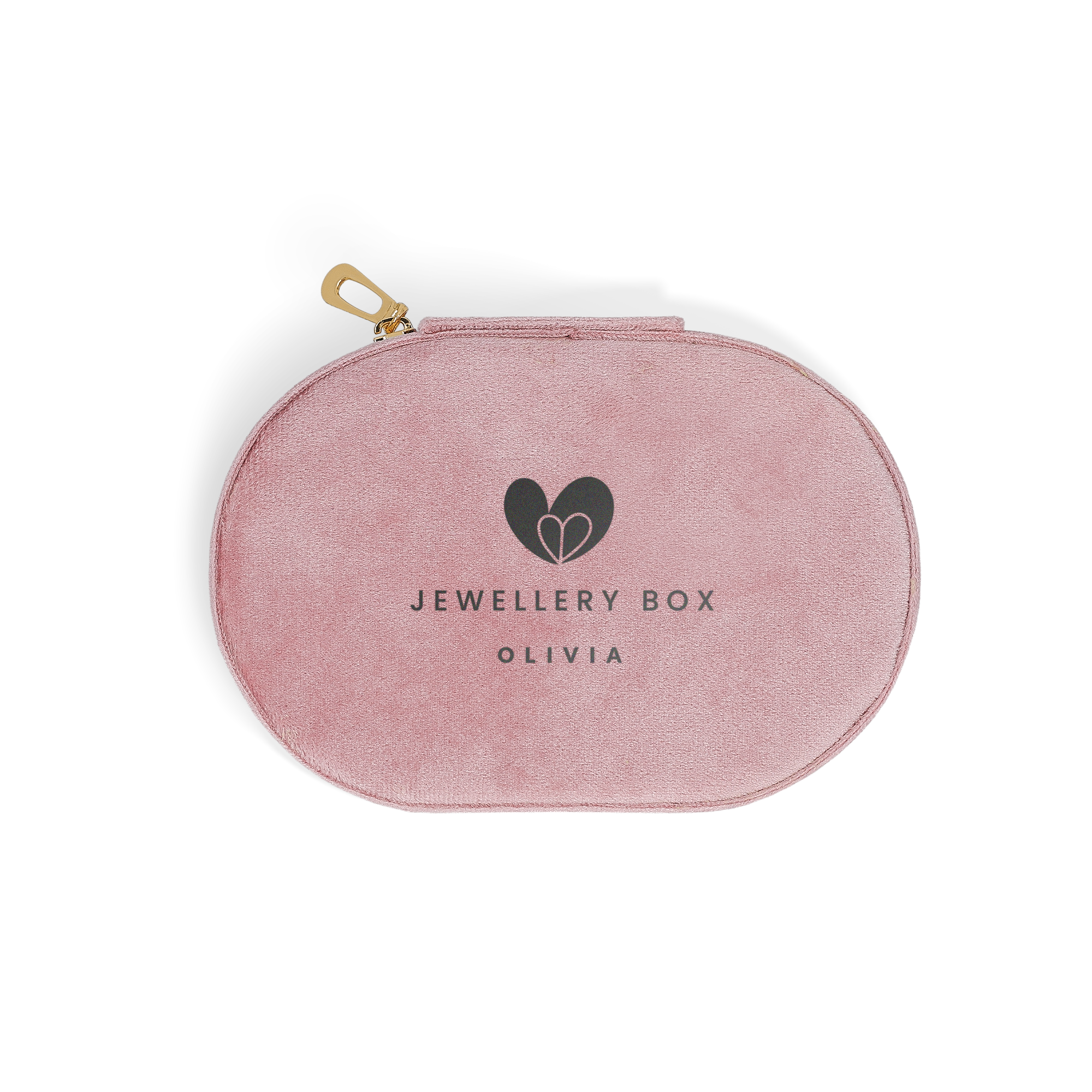 Personligt smyckeskrin - Oval - Rosa med namnet Olivia och en hjärtlogga tryckt på