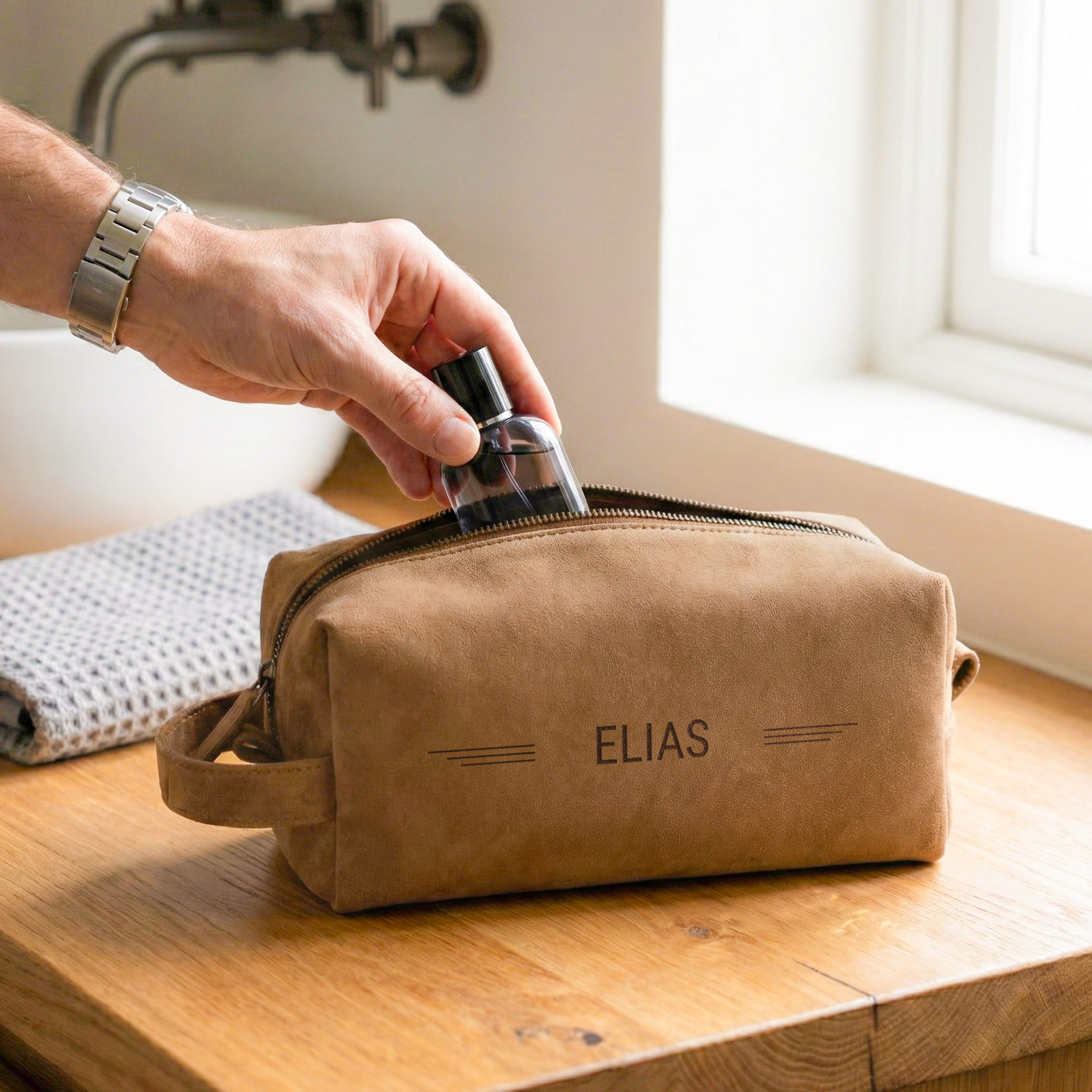 Engraved leather toiletry bag