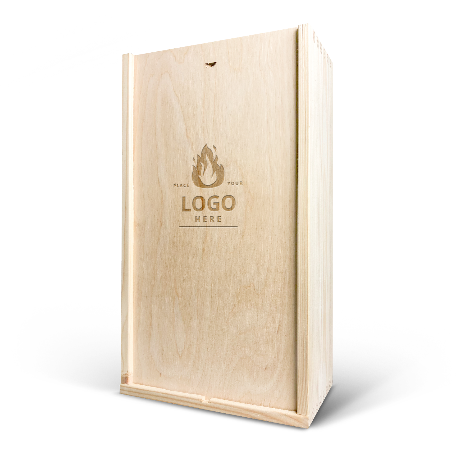 Caixa de madeira personalizada gravada com "Place your logo here" para presentes