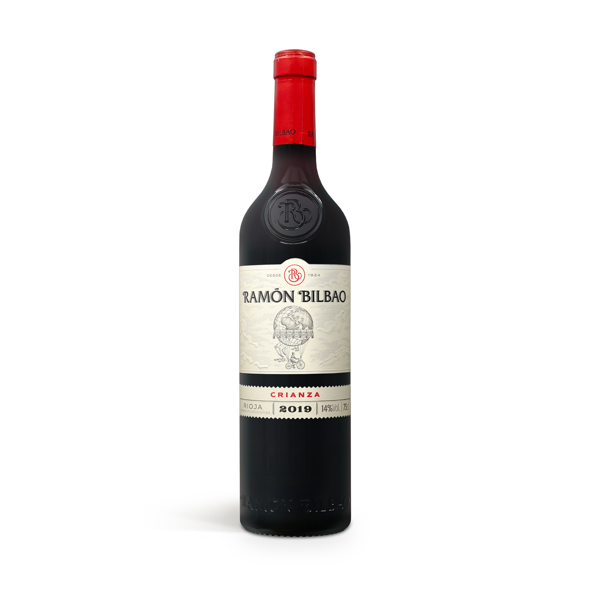 Flaske Ramon Bilbao Crianza rødvin, som kan gives i en luksusgraveret vinboks med personlig tekst