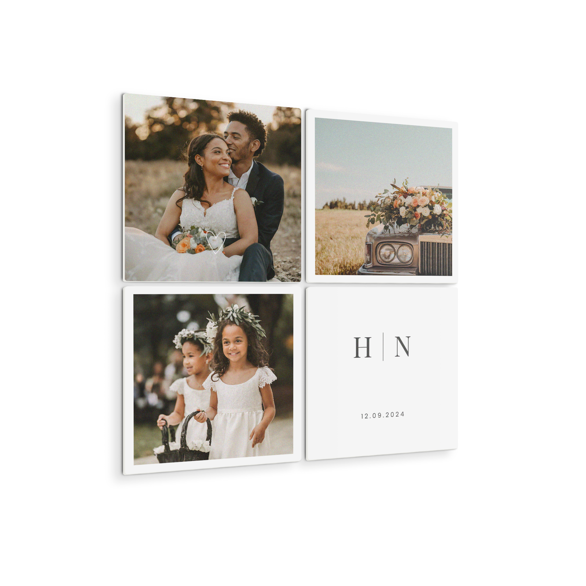Vier personalisierte Wandbilder aus Holz mit Hochzeitsfotos und Initialen H N und Datum 12.09.2024