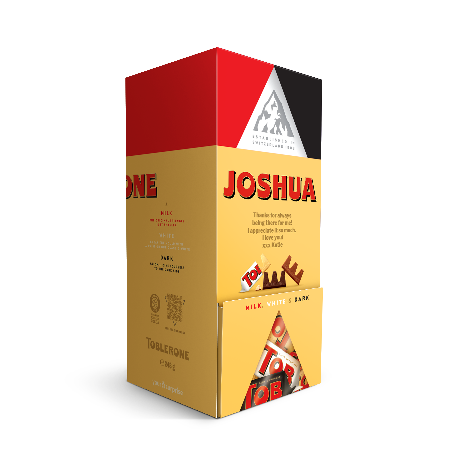 Dispensador de chocolate Toblerone personalizado con nombre Joshua y mensaje de Katie.