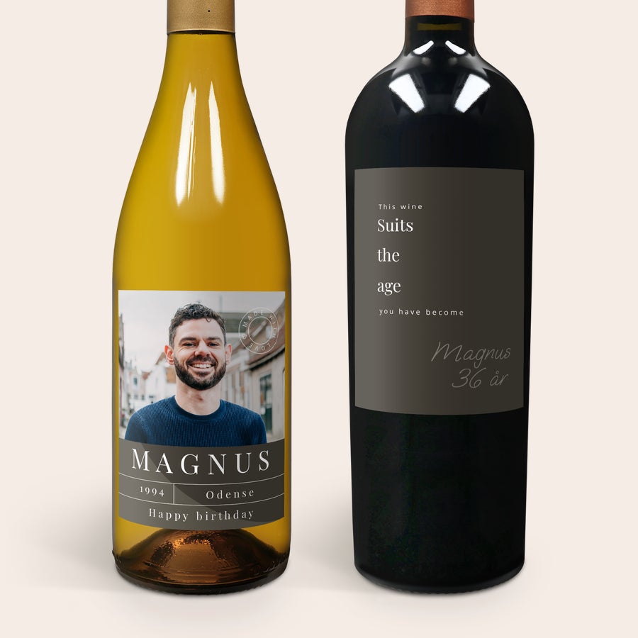 Vinsæt med personlige etiketter - Salentein Primus - Malbec og Chardonnay Salentein wijnpakket met twee flessen witte en rode wijn, bedrukt met een foto, naam en persoonlijke etiketten