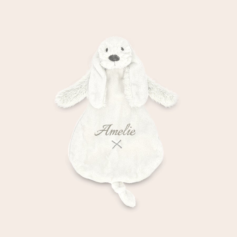 DouDou personalizado para bebê DouDou coelho Richie branco, com nome Amelie bordado em cinza, presente personalizado para bebê.