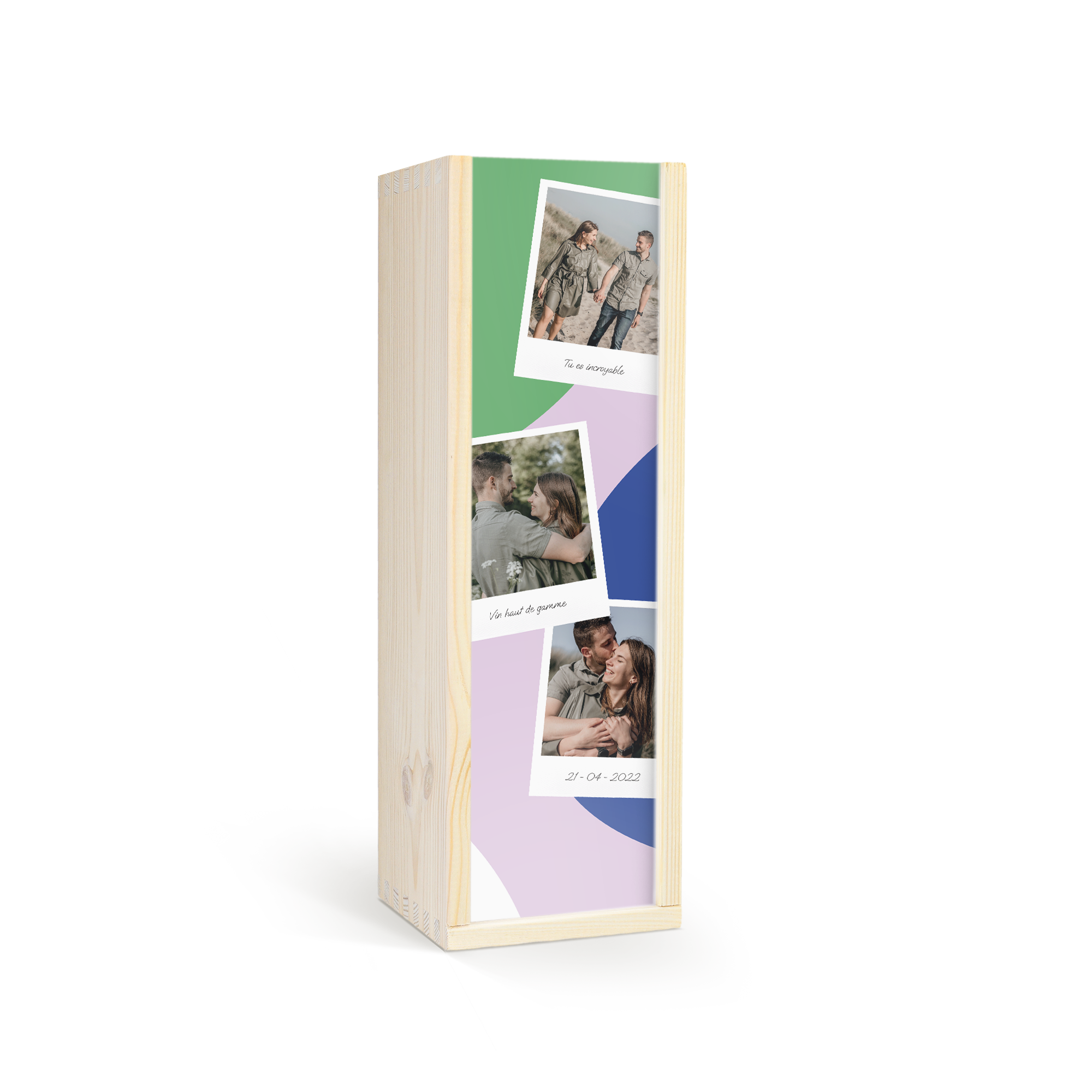 Coffret en bois personnalisé pour vin Maison de la Surprise Cabernet Sauvignon imprimé avec des photos et textes