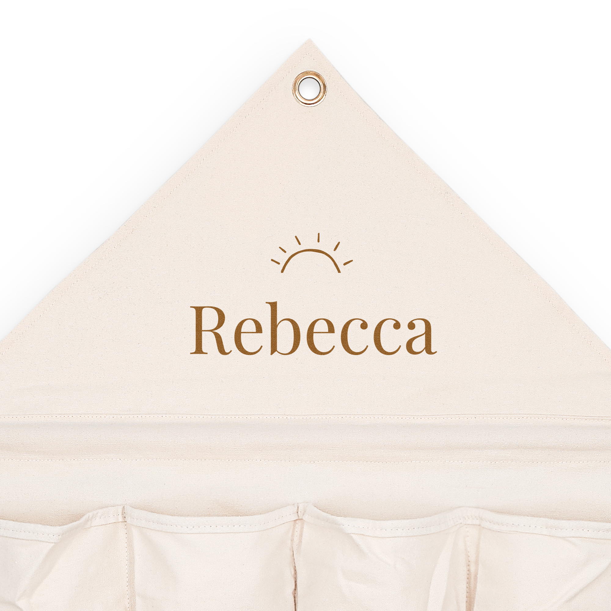 Rangement mural en tissu personnalisé avec le nom Rebecca et un soleil imprimé