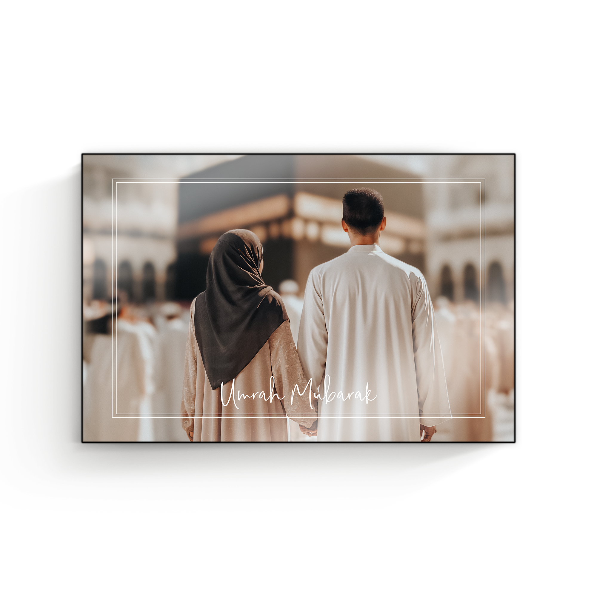 Drewniany panel fotograficzny ChromaLuxe z nadrukiem własnego zdjęcia pary i tekstem Umrah Mubarak