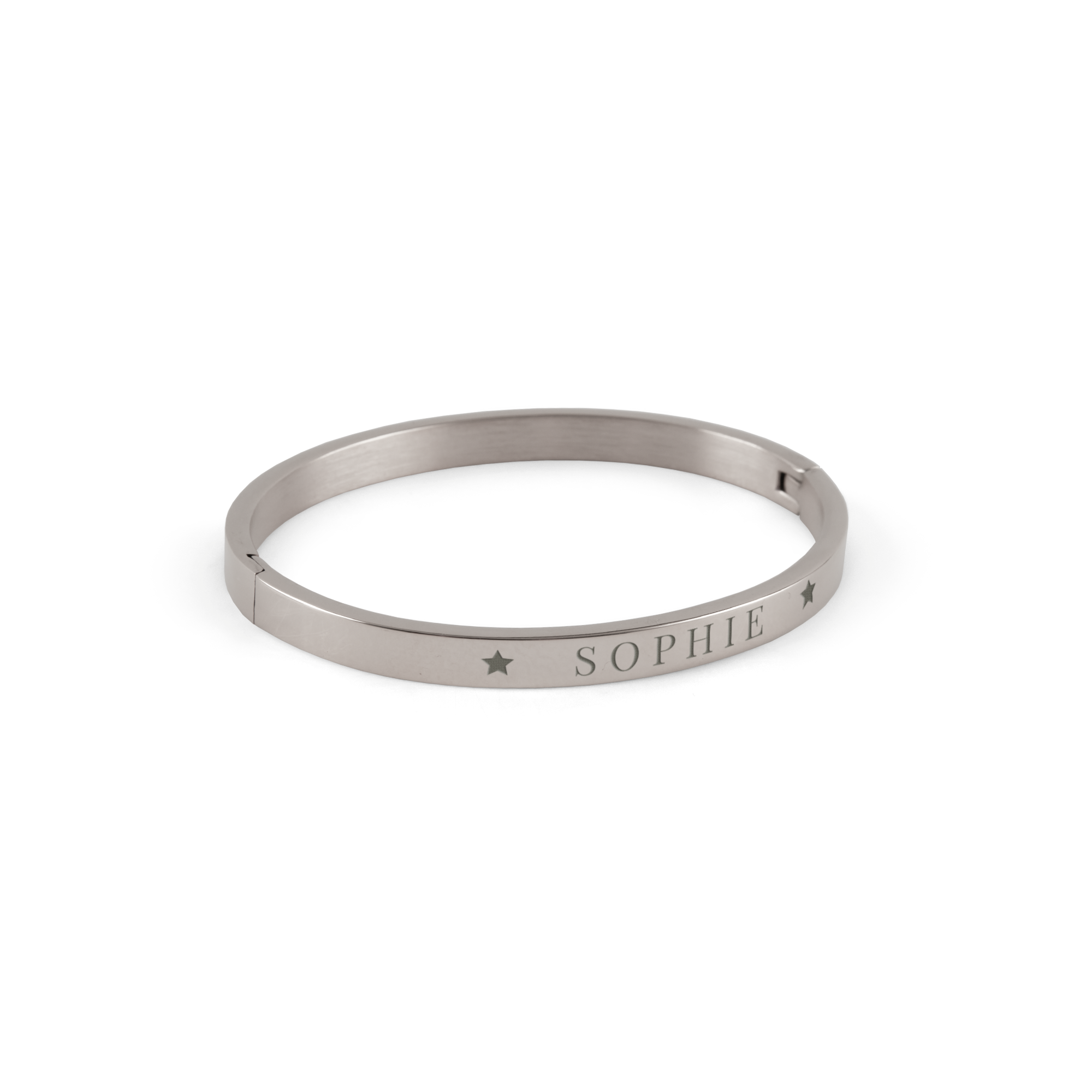 Silver stainless steel bangle bracelet with the name Sophie and stars engraved into the surface