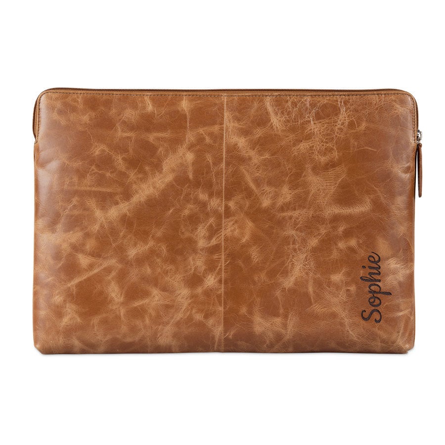 Engraved leather laptop sleeve