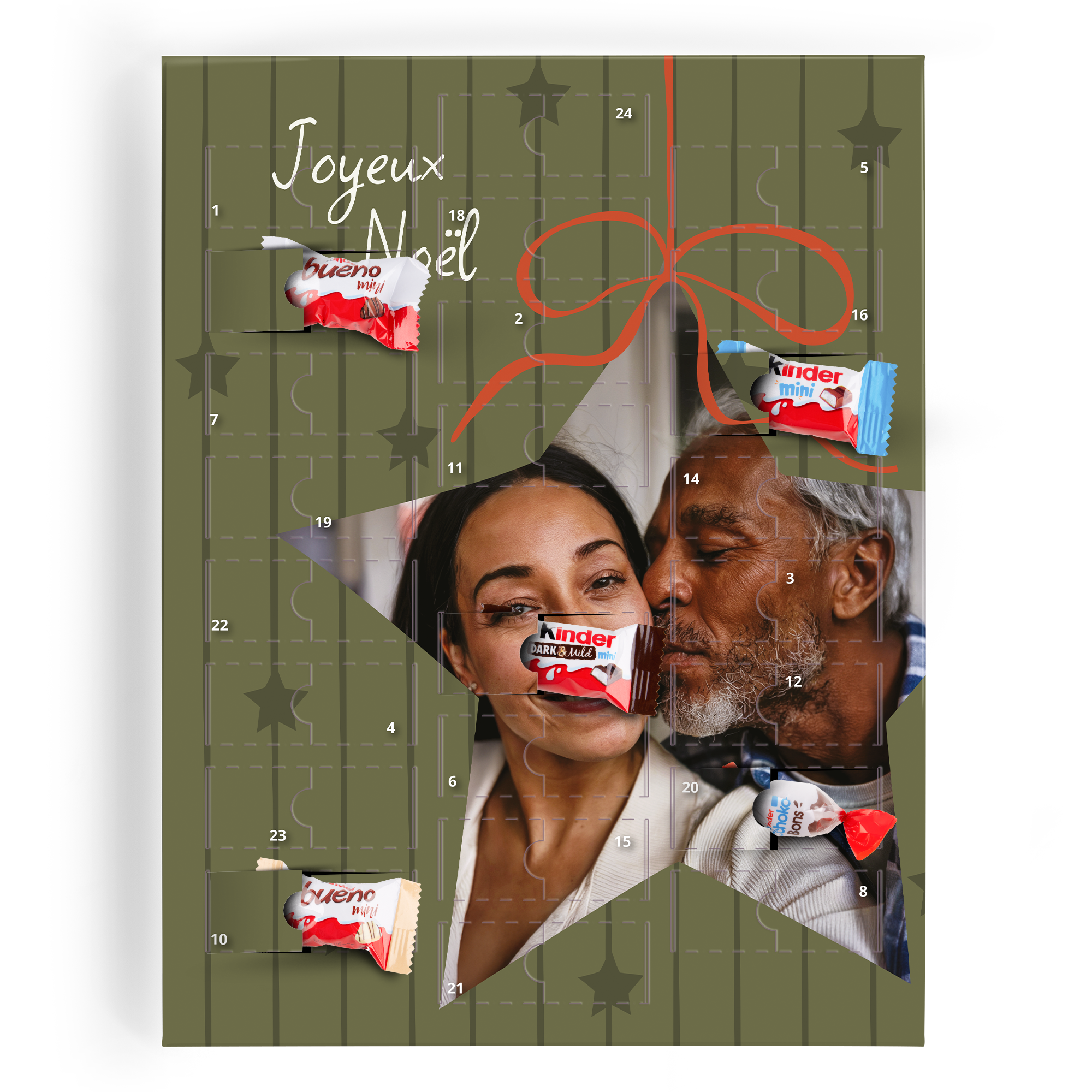 Calendrier de compte à rebours chocolat Kinder personnalisé avec photo d'un couple et texte Joyeux Noël.