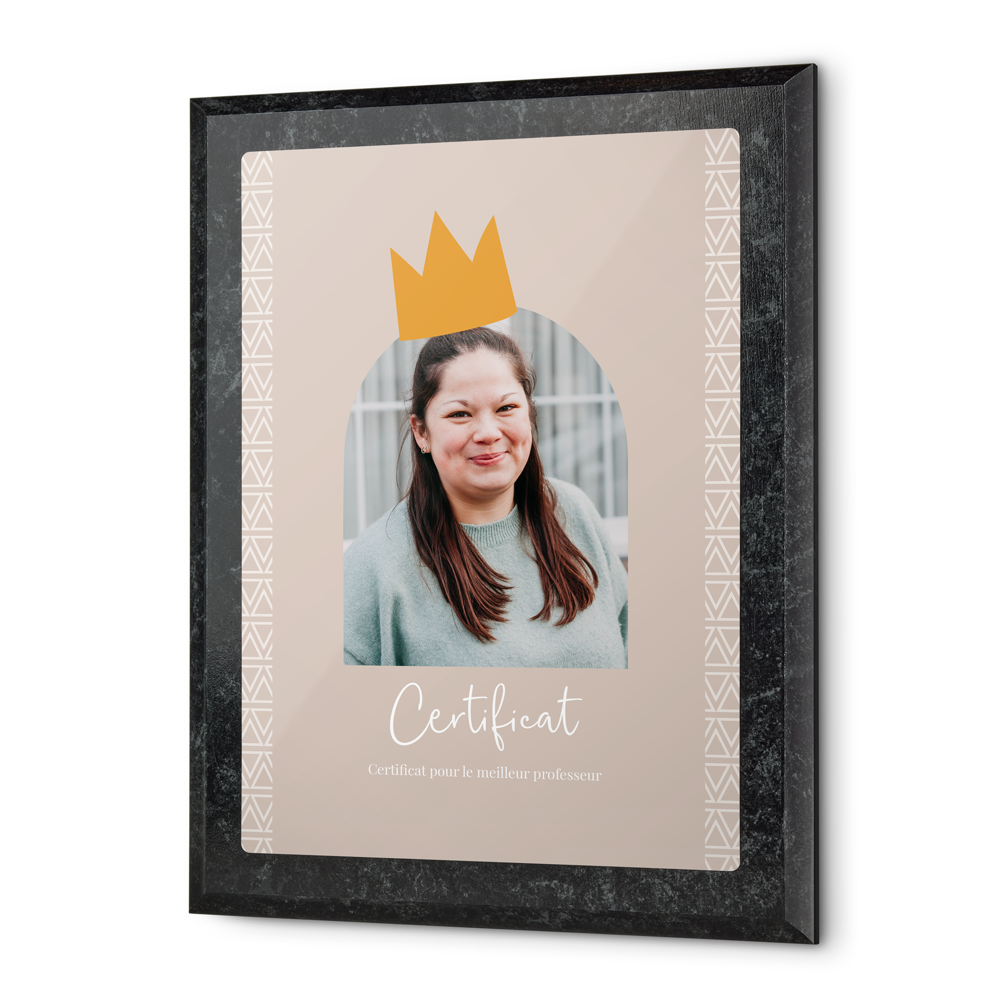 Diplôme en bois personnalisé pour remercier la maîtresse avec photo imprimée et texte "Certificat pour le meilleur professeur"