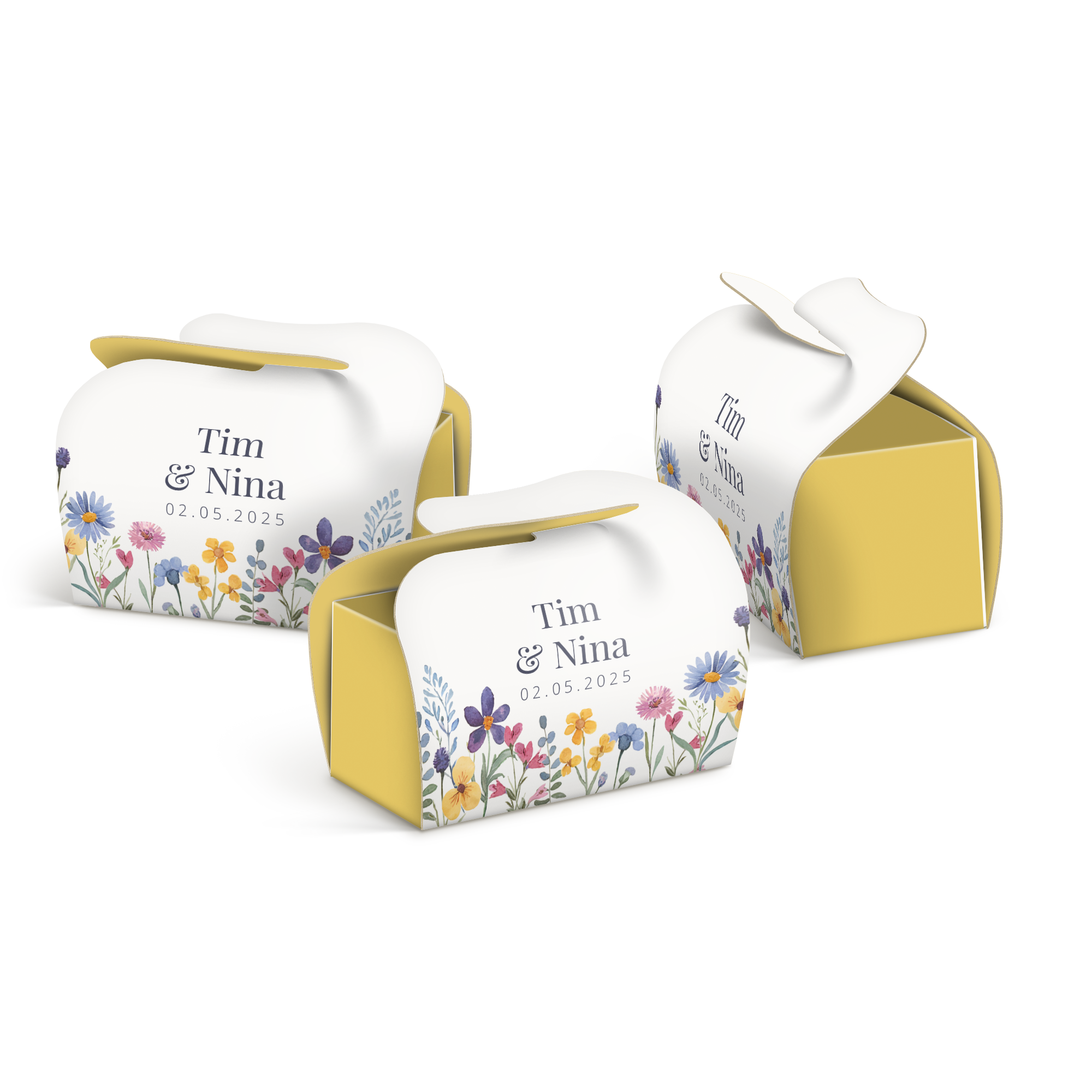 Gepersonaliseerde doosjes voor Toblerone mini's met bloemenontwerp en gedrukte namen Tim & Nina met datum 02.05.2025. Creëer mooie momenten met jouw unieke ontwerp.