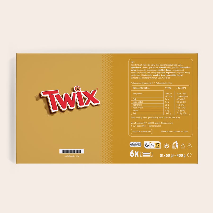 Personlig Twix chokladkaka Personlig Twix-presentask med ditt tryck på omslaget, perfekt för att ge bort Twix med ett unikt budskap.