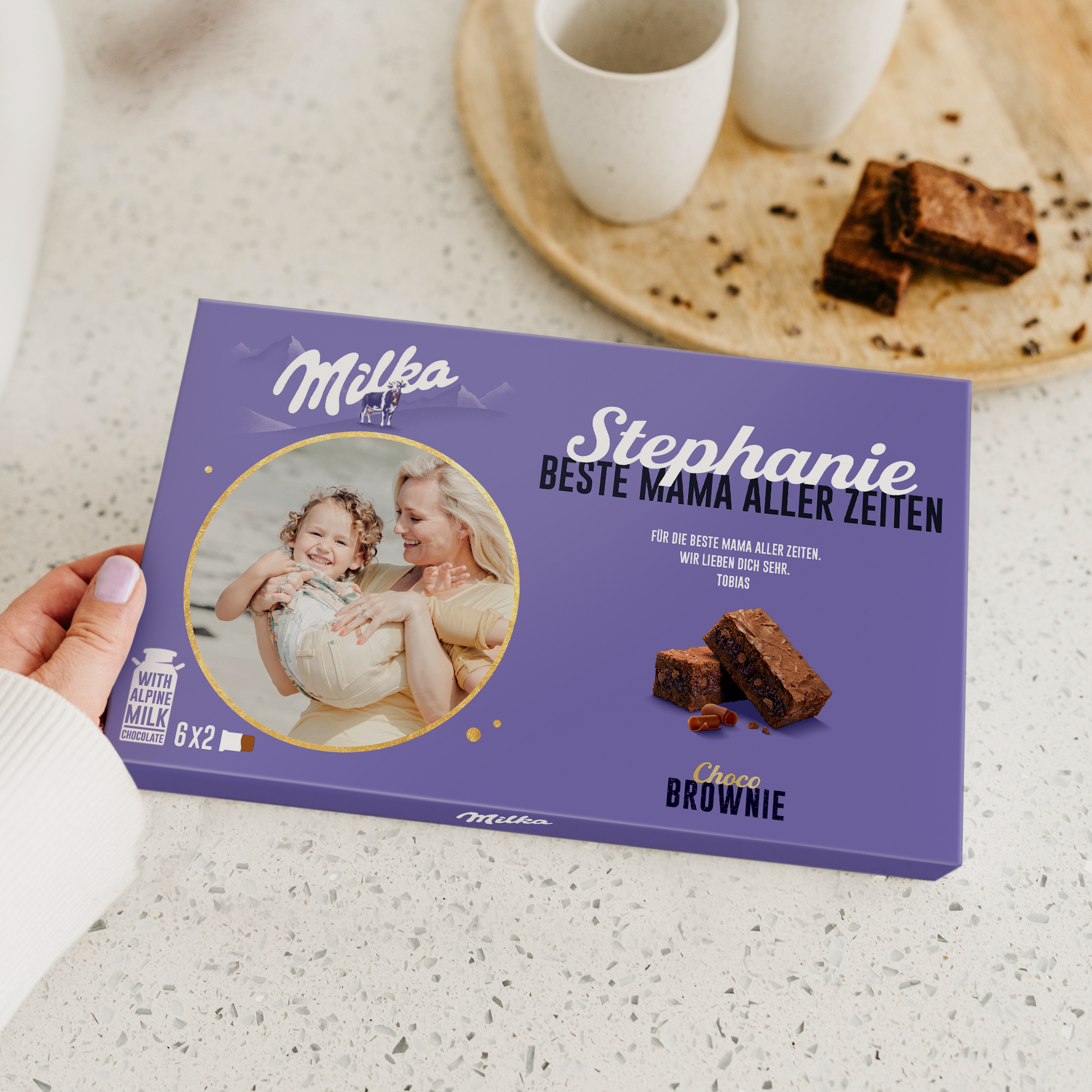 Personalisierte Milka Choco Brownie-Geschenkbox mit individuellem Foto und Namen Stephanie, Text "Beste Mama aller Zeiten"