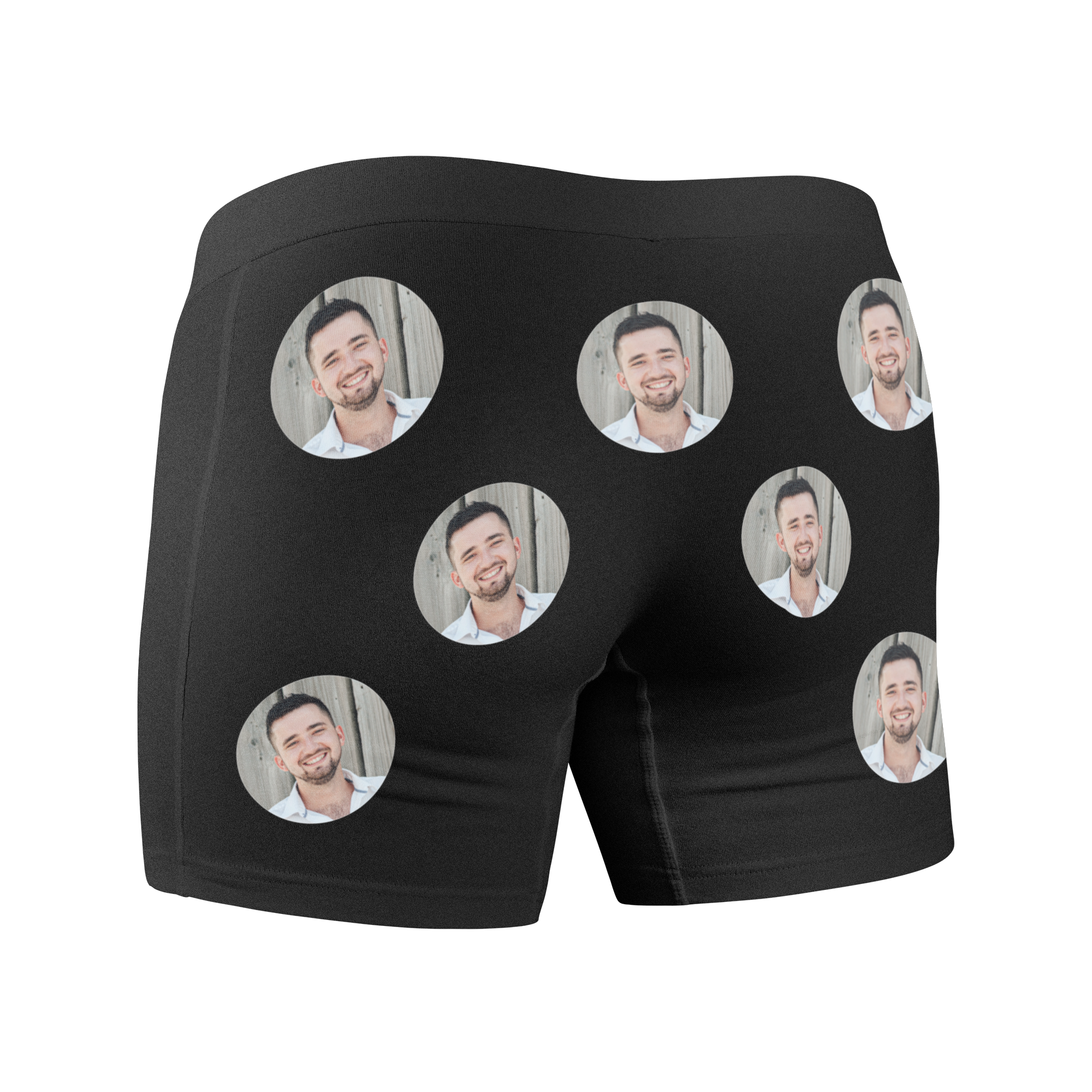 Calzoncillos negros personalizados con múltiples fotos circulares de un hombre sonriente, estampados con un diseño floc.