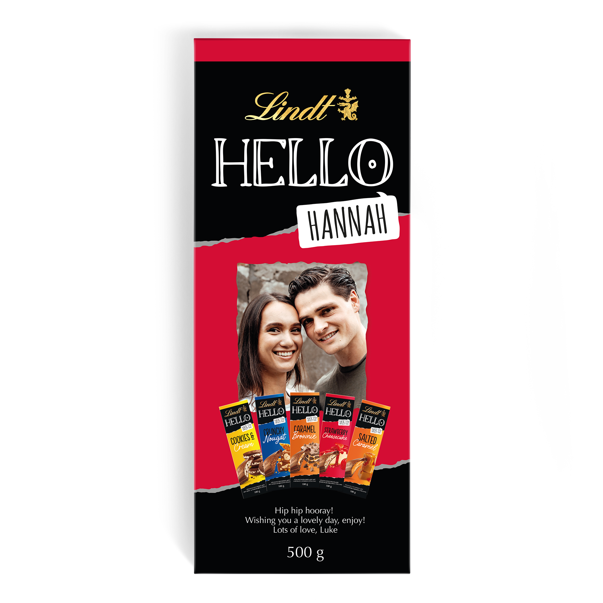 Čokoláda Mega Lindt Hello s vytištěnou osobní fotkou, jménem Hannah a vzkazem na obalu.