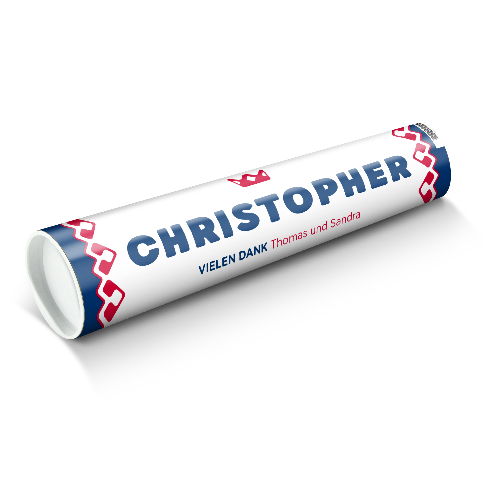 Riesige King Pfefferminzrolle bedruckt mit dem Namen Christopher und dem Text Vielen Dank Thomas und Sandra