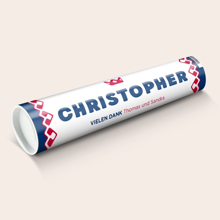 Riesen Rolle KING Pfefferminz personalisieren Riesige King Pfefferminzrolle bedruckt mit dem Namen Christopher und dem Text Vielen Dank Thomas und Sandra