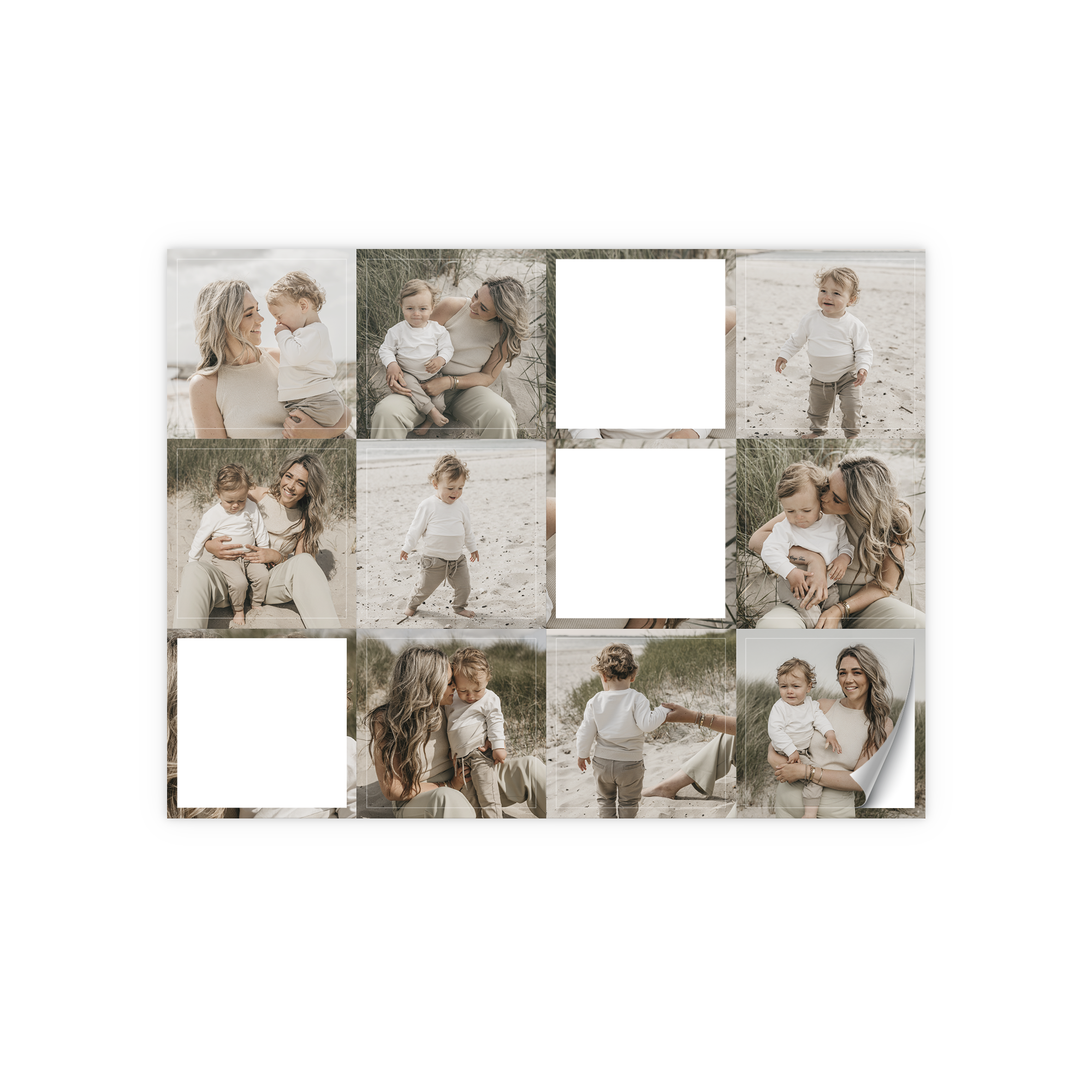 Pegatinas personalizadas con varias fotos de un bebé y su madre en la playa, con espacios en blanco para más fotos, impresas en alta calidad.