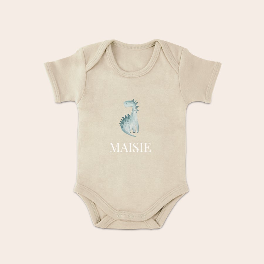 Body Personalizzato per Neonati Body per neonato personalizzato beige, stampato con dinosauro e nome Maisie