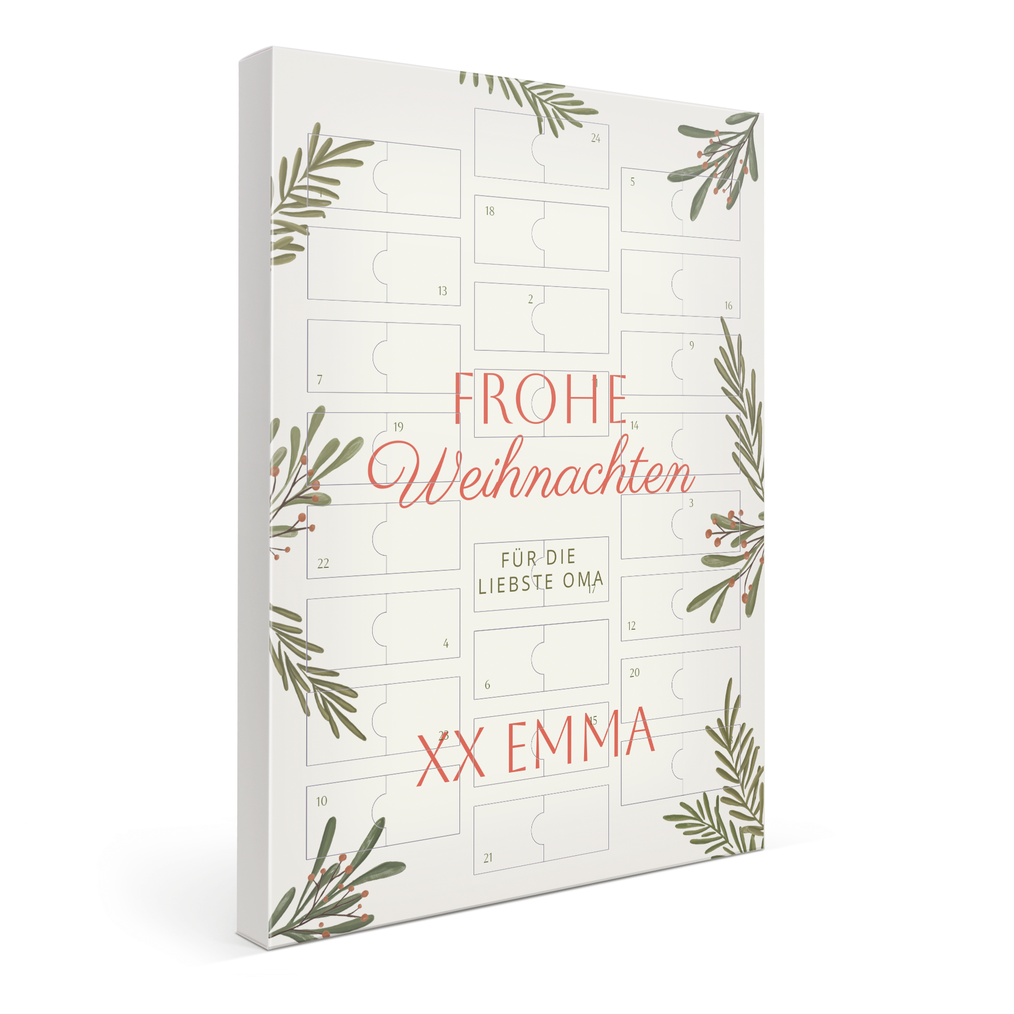Personalisierter Mars Miniatures Adventskalender mit dem Text "Frohe Weihnachten für die liebste Oma XX Emma" gedruckt, um die Tage bis Weihnachten zu zählen