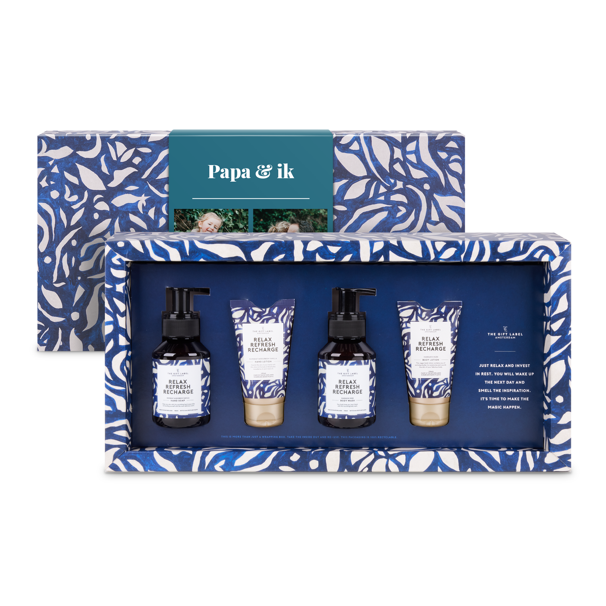 Luxe verzorgingspakket met gepersonaliseerde sleeve Papa & ik en twee fotos, perfect voor een thuisspa ervaring.