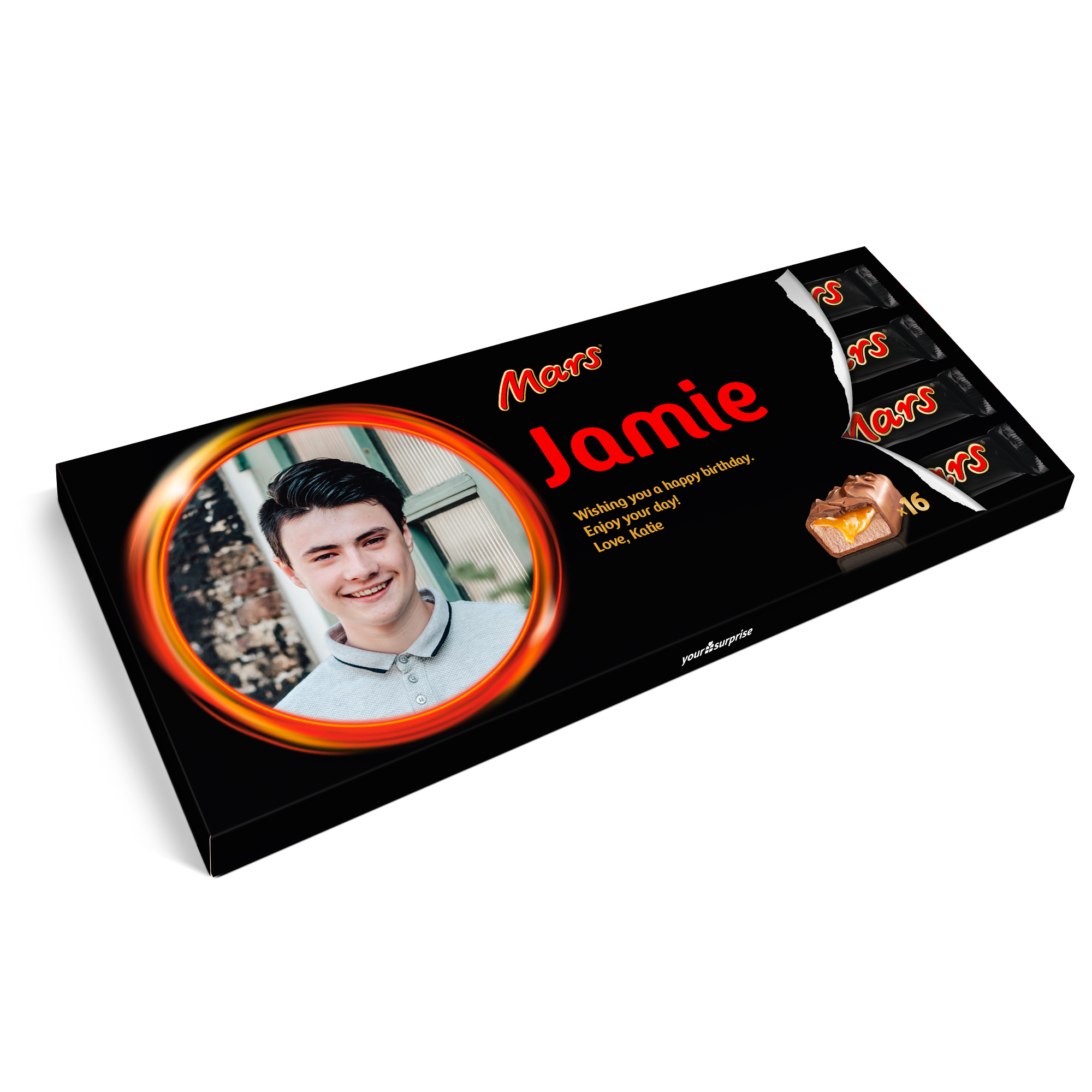 Esta barra de chocolate XXL Mars personalizada con la foto de un joven sonriente, el nombre Jamie y un mensaje impreso, es una verdadera GRAN sorpresa.