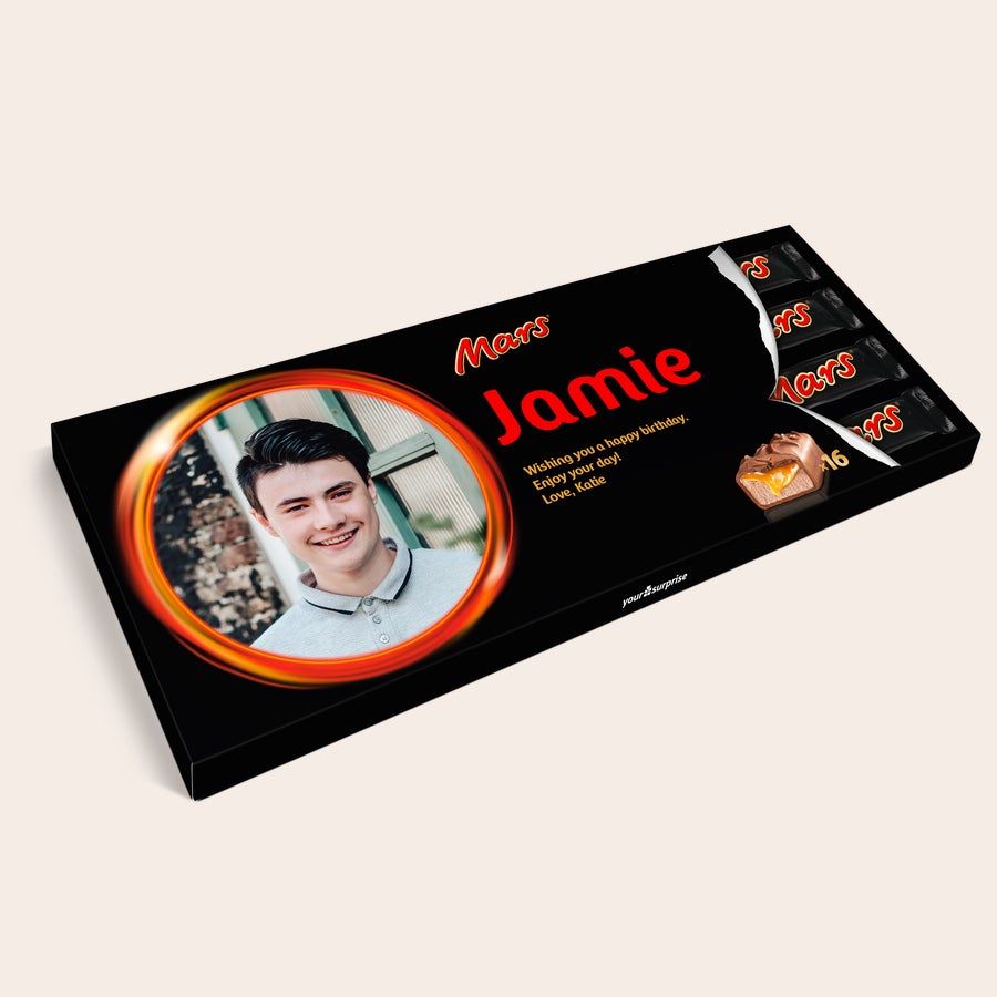 Barretta Mars XXL Tavoletta di cioccolato Mars XXL personalizzata con foto, nome Jamie e messaggio stampati sulla confezione
