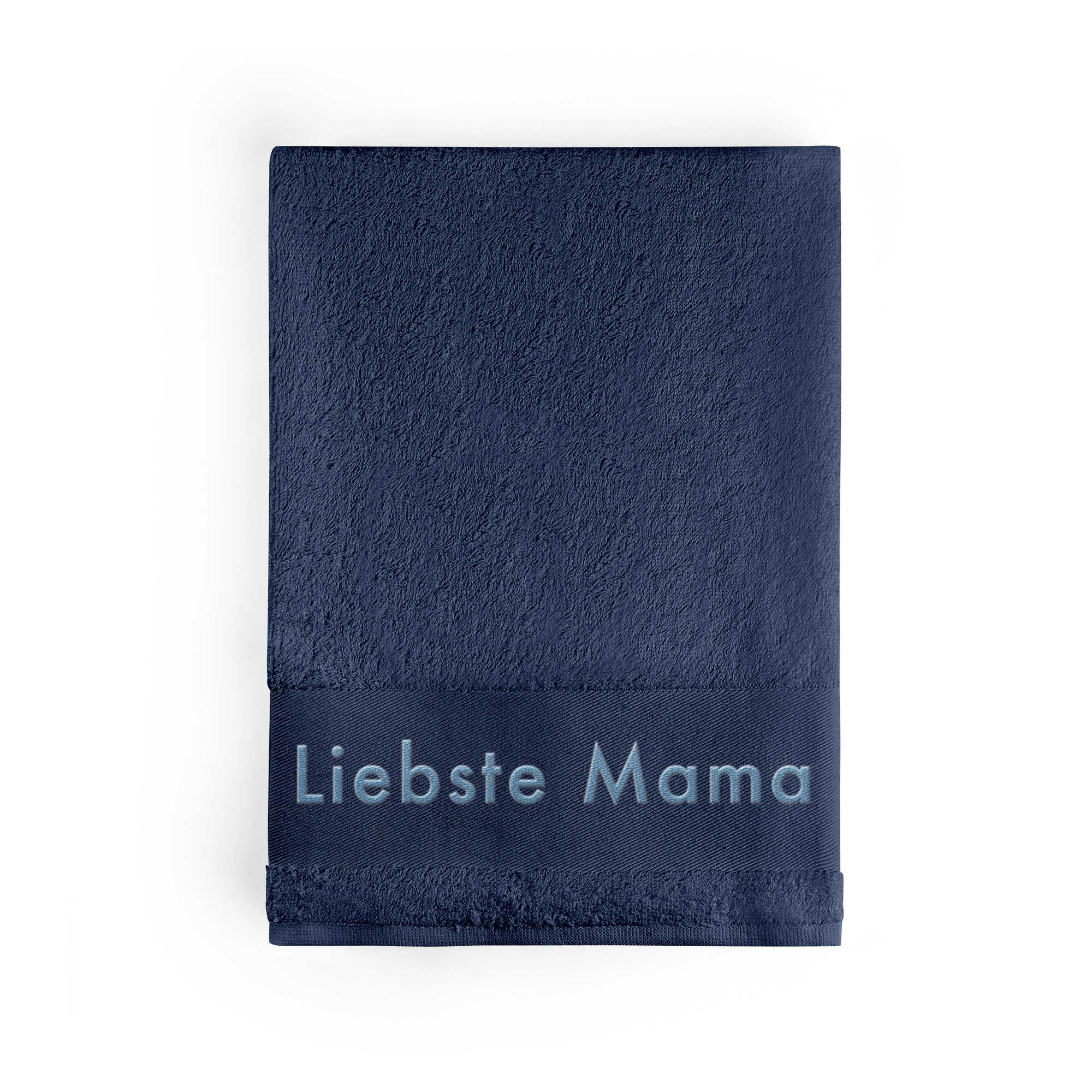 Dunkelblaues besticktes Handtuch mit dem Schriftzug "Liebste Mama" in hellem Blau, um jeder Badezeit eine persönliche Note zu verleihen.