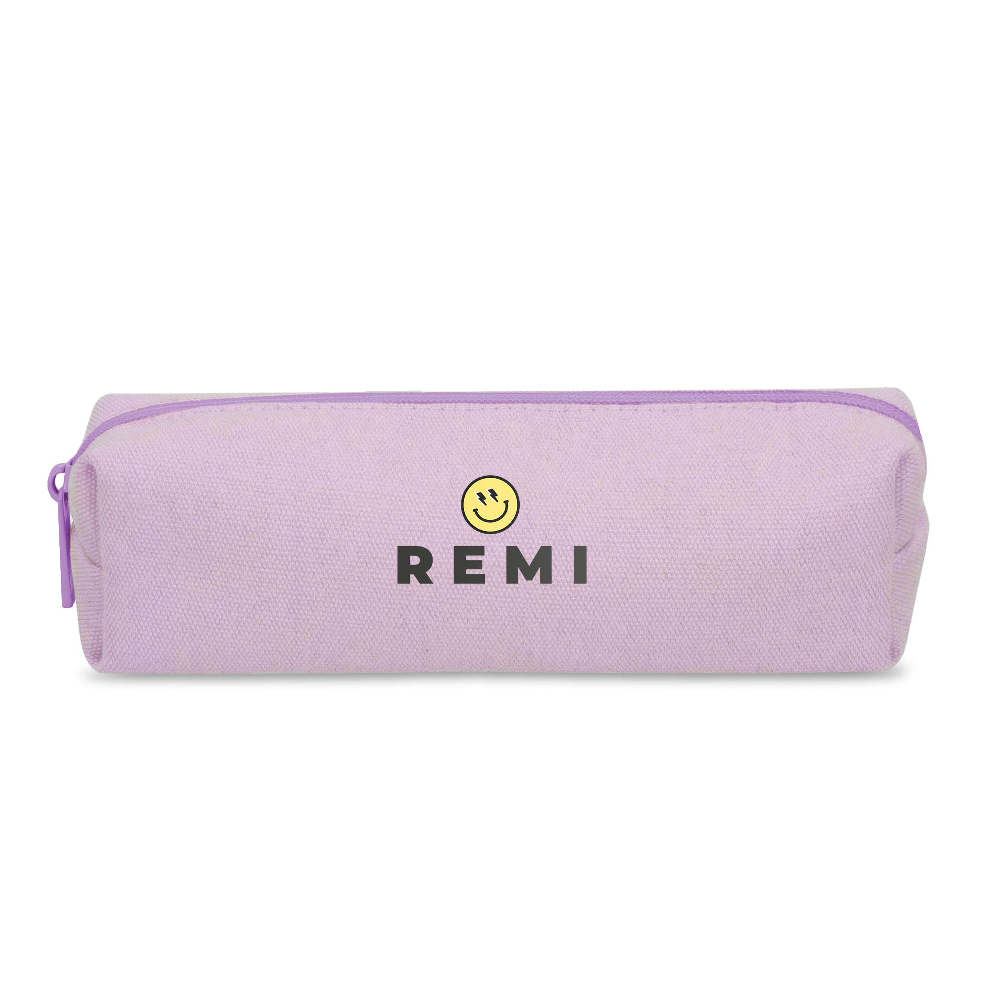 Lila etui bedrukken met naam Remi en smiley. Personaliseer dit etui met je eigen tekst of afbeelding.